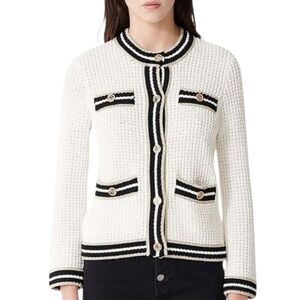 Maje Maquette Lady Jacket Ecru Cream Cardigan Black Gold Monogram Detail size 0
